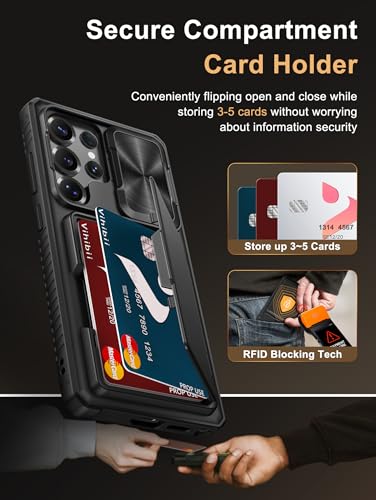 Image of Vihibii for Samsung Galaxy S25 Ultra Case with Card Holder (4 Cards), RFID Blocking & Slide Camera Cover, Military Grade Drop Protection, Rugged Hard Back & Silicone Edge Wallet Case, 6.9 inch 2025, Black