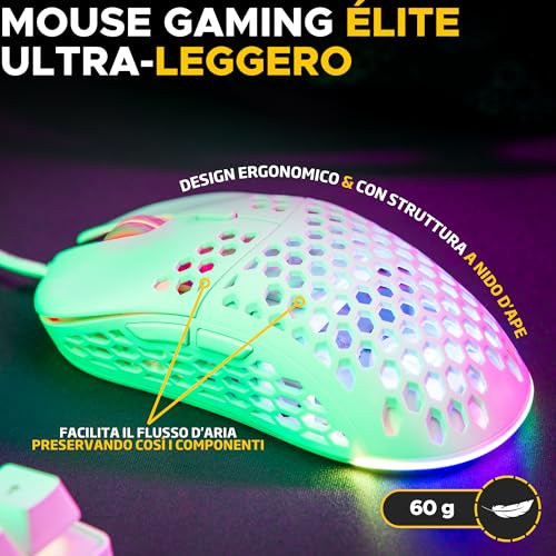 The G-Lab – Kult Oxygen – Mouse Gaming con Filo ad Alte Prestazioni 12.800 DPI – Massima Reattività, RGB 100% Personalizzabile, 6 Pulsanti Programmabili, Ambidestro, Silenzioso – Bianco – Novità - Mouse gaming - Immagine 1