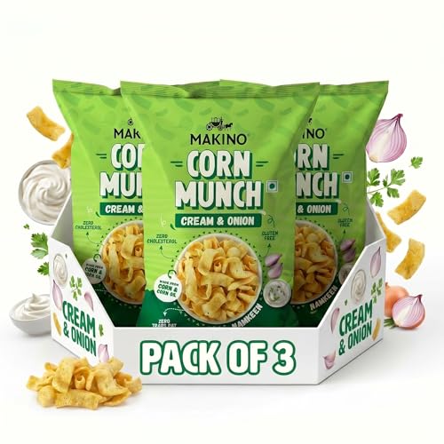 Image of Makino Corn Munch Cream & Onion Crunchy Chips, Pack of 3 (150g) Each - First Time in India, Creamy & Zingy Fusion Flavour, Irresistible Snack, Zero Trans Fat, Gluten Free & No MSG