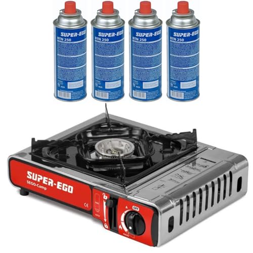 KROWN SUPEREGO - Cocina Portatil de Gas Butano SuperEgo 227g, 4 Cartuchos de Gas Incluidos para Camping, Bombonas SEH003800 (Hornillo + 4 Cartuchos)