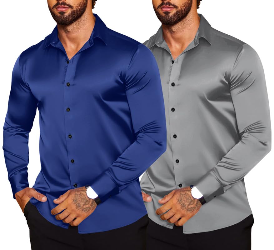 Image of Combo of Men's Premium Satin Cotton Shirt with Full Sleeves & Spread Collar | Smooth Finish | Slim Fit | Stylish Button Down Shirt for Evening, Casual Pack of 2