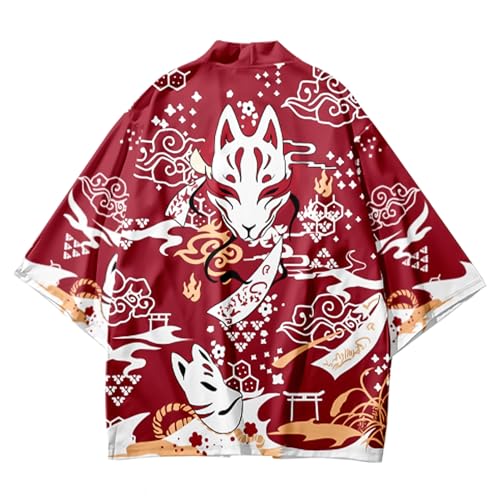 Image of DOSLAVIDA Men's Japanese Kimono Cardigan Suit Chinese Style Printed Jacket Pants Set Open Front Seven Sleeve Top & Shorts