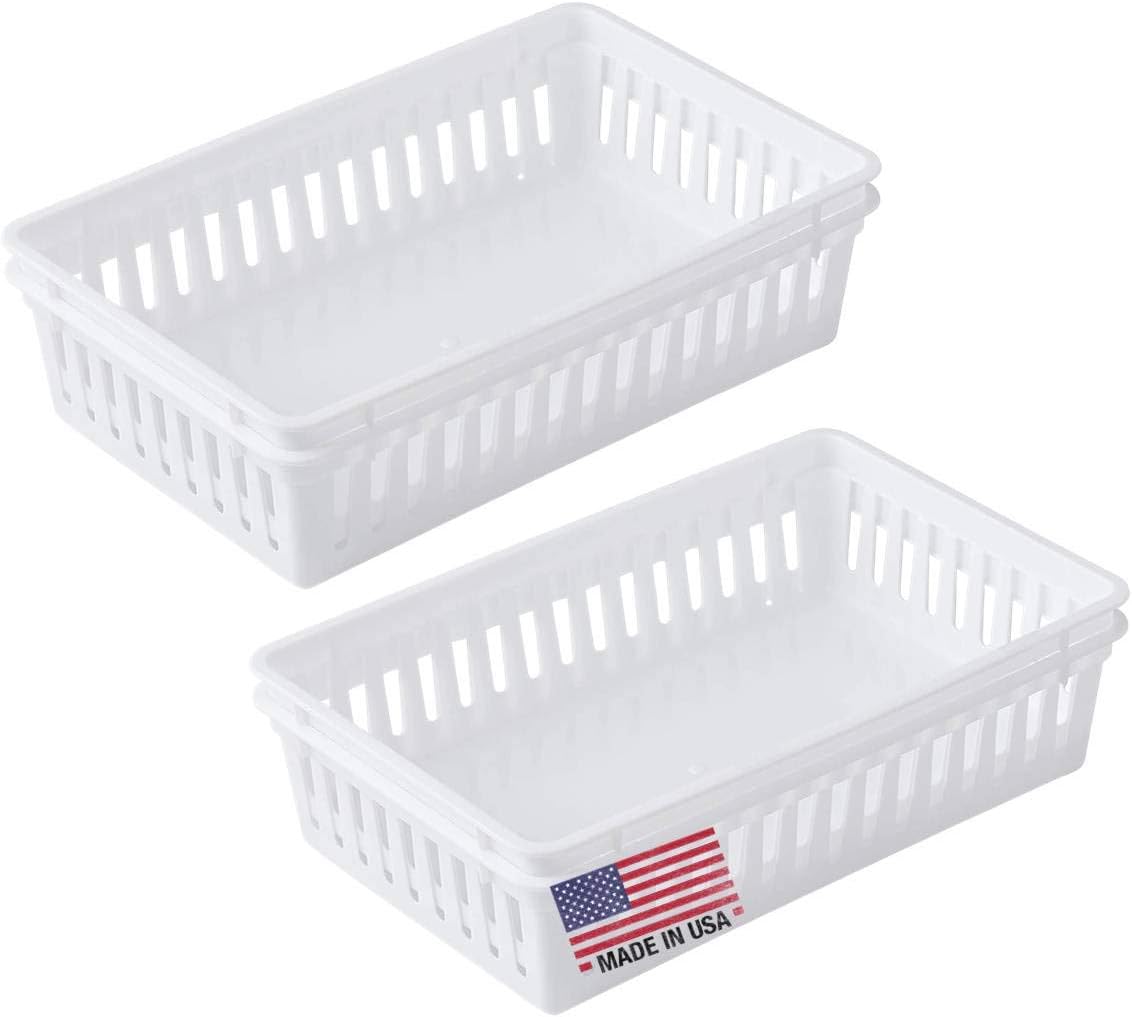 Tribello Plastic Bin Baskets for Organizing, White Storage Tray, Rectangle 9 x 6 x 2 - Pack of 4 - Made in USA