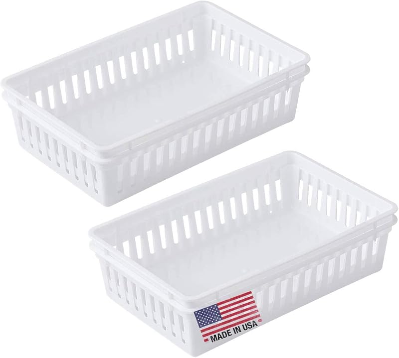 Tribello Plastic Bin Baskets for Organizing, White Storage Tray, Rectangle 9 x 6 x 2 - Pack of 4 - Made in USA
