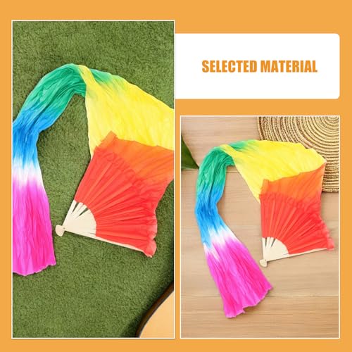 Abanico largo para danza china con velo de seda multicolor degradado flotante 3