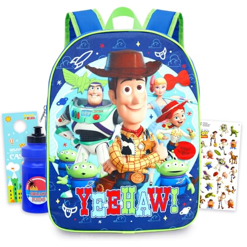 Disney Mochila Toy Story para crianças – Pacote com mochila de 38 cm com Woody, Buzz Lightyear, garrafa de água Jessie Plus, adesivos e muito mais | Mochila Toy Story para meninos e meninas