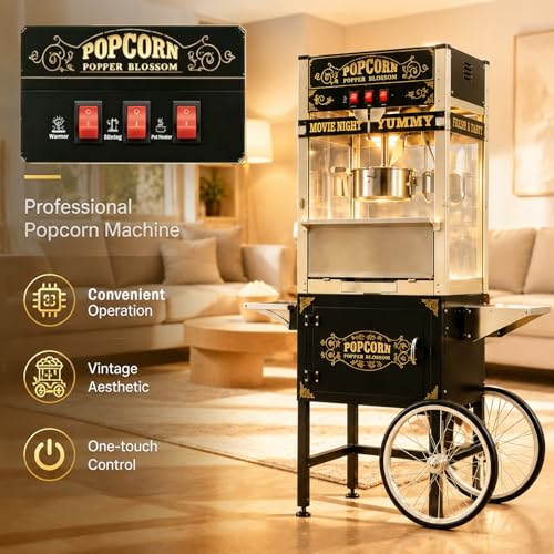 Image of Popcorn Machine With Cart - 28oz Kettle Popcorn Makers With Heating, Stainless Steel Kettle & Cart Wheels, For Commercial School, Church, Carnival, Birthday Parties, Events, Movie Theater, Black