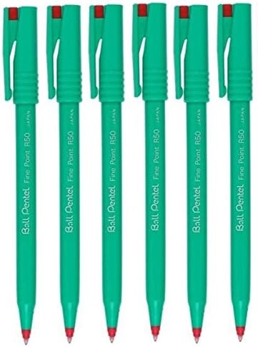 Pentel Red R50 Rollerball Ball Pen Pens Fine 0.8mm Cushioned Nib Tip 0.4mm Line Width 77% Recycled (Pack Of 6)