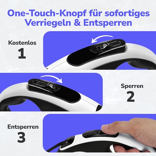 Zenova Pets Hundeleine 5 m – Rollleine mit Kotbeutelhalter – Ausziehleine für Hunde jeder Größe – Laufleine mit 360° Nylonband, Anti-Rutsch-Griff & Schnellbremsknopf – Leine für Hunde bis 30 kg