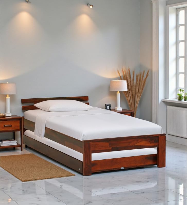 Solid Sheesham Wood Admire Single Size Trundle Bed with 1 Extra Pullout Bed | Wooden Single Bed Cot Palang Furniture for Bedroom Living Room Home and Hotel (Honey Oak Finish)