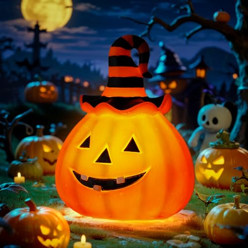 Halloween Pumpkin Decorations Outdoor Solar Lights – Jack O Lantern Garden Statue with Witch Hat, Waterproof Resin Pumpkin Decor for Yard, Patio & Pathway, Fall Decorations