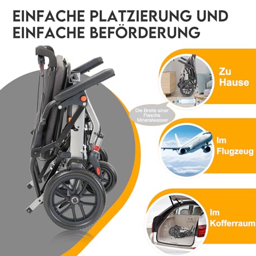 Rollstühle für Erwachsene, Transportrollstuhl, leicht, faltbar (nur 1 Sekunde), ultraleichter Rollstuhl mit 25,4 cm massiven PU-Reifen mit Stoßdämpferpumpe