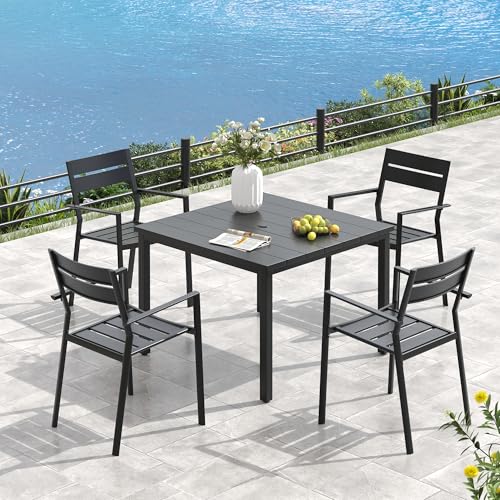 Image of VICLLAX Square Patio Dining Table for 4, Outdoor Patio Table with Umbrella Hole for Garden Lawn Deck Backyard, Black Tabletop