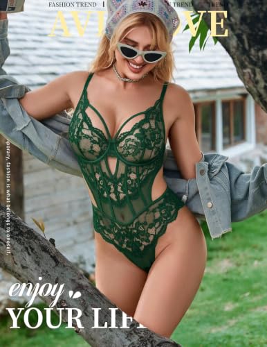Image of Avidlove Sexy Lingerie for Women Lace Bodysuit Cut Out Snap Crotch Teddy | Seductive floral lace teddy, adjustable straps, scalloped edge, side cutouts, romantic date night wear