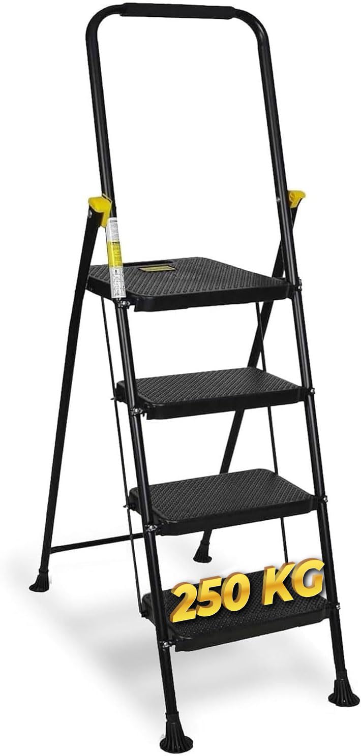 Taburete escalera plegable de 4 peldaños, certificado EN14183, soporta hasta 150 kg, antideslizante, ahorra espacio, profesional, blanco o negro, para casa, oficina, almacén (4)