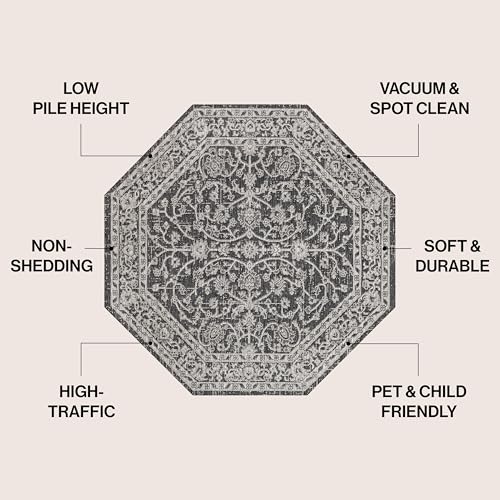Image of JONATHAN Y Vine & Border Indoor Outdoor Octagon Area Rug 8 Ft Black /Gray, Palazzo Textured Weave for Backyard, Patio, Porch, Easy-Cleaning, High Traffic, Pet-Friendly, Non-Shedding (SMB103C-8TGN)
