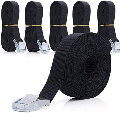 ASelected 5m Long Lashing Straps 6 Pack - Trailer Tie Down, Car Roof Rack Cam Buckle With Clips - Black Heavy Duty Tensioning Belts for Fixed Cargoes, Kayaks, Luggage