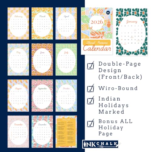 Image of 12 inchx18 inch Floral Wall Calendar 2026 | Full-Page Tile Patterns | Modern 2D Art | Matte Laminated | Indian Holidays | Wiro-Bound