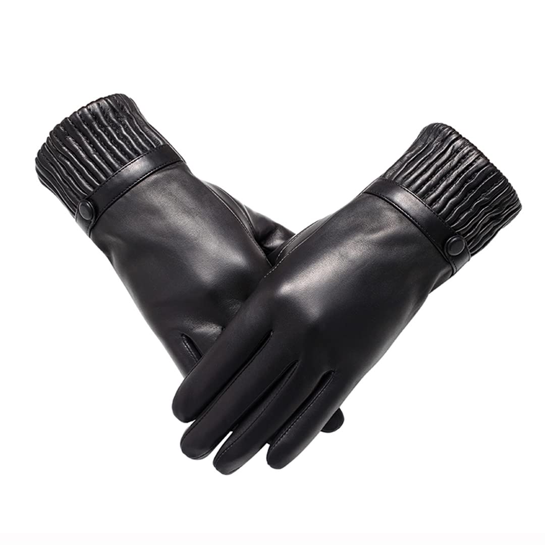 Guanti invernali da donna in pelle nera antivento Guanti da moto impermeabili da esterno con fodera in lana Black 34