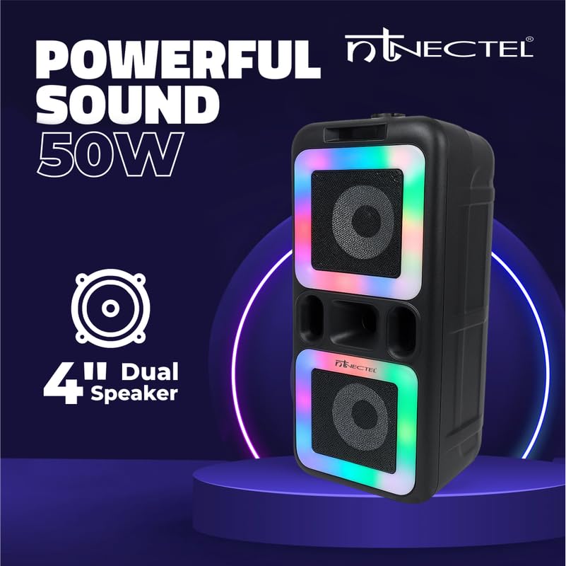 Image of 50W Portable Multimedia Bluetooth Party Speaker with Dual 4 inch Drivers, RGB Lights, FM /USB /TF /AUX, Mic Input + Remote, Built‑in Battery for Party use (3H Playtime)