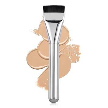 Flat Foundation Brush for Liquid Makeup,14CM Fast Flawless Flat Top Kabuki Makeup Brushes Face Cosmetics Concealer Brush for Liquid, Blending, Powder, Cream, Powder, Blush, Buffing Bright Silver