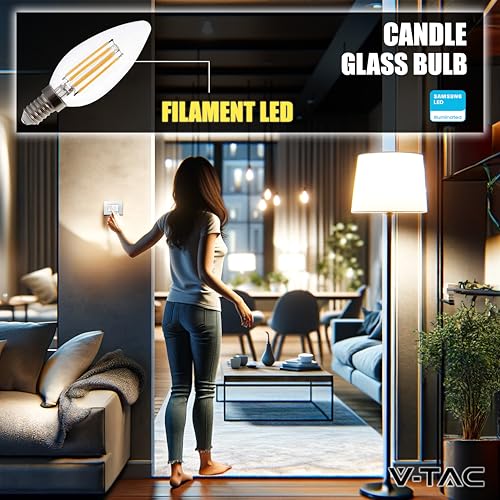 V-TAC 3x LED Glühbirne Kerze Filament E14 4W (Entspricht 35W) – Warmweiß 400 Lumen – 6er Pack – Maximale Effizienz – Filament Deko – LED Glühlampen - Energiesparlampe - 3000K