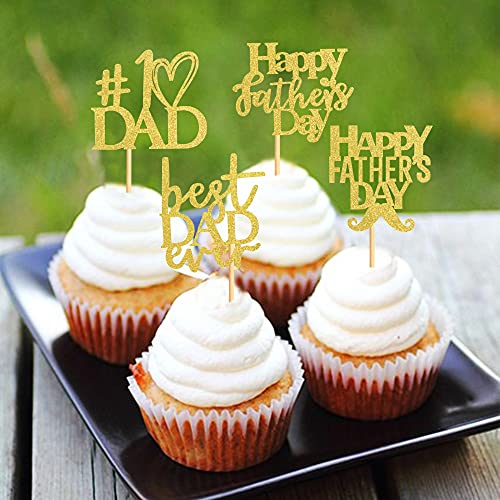 36 Pcs Father's Day Cupcake Topper Gold Glitter Happy Father's Day Best Dad Ever Cupcake Topper Birthday Party Cake Decorations Toppers Picks For Father's Birthday Party Supply #TOP3