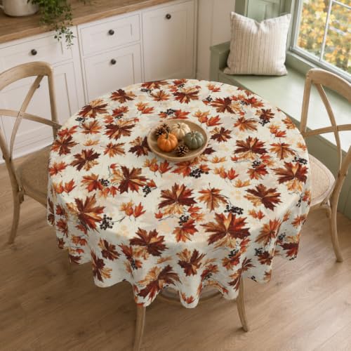 Image of Fall Round Tablecloth 60 Inch Maple Leaves Waterproof Heat Resistant Reusable Table Cloth Thanksgiving Decorations Autumn Table Cover for Holiday Kitchen Dining Party Season Decor