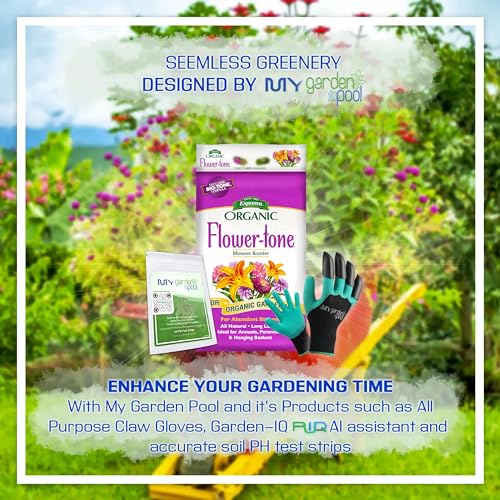 Espoma-FT18-Organic-Flower-Tone-3-4-5-18-lb-Bag-with-My-Garden-Pool-PH-Soil-Test-Strips-20-ct-and-My-Garden-Pool-Superior-Gardening-Claw-Gloves-and-Garden-IQ-Smart-Gardening-AI-Assistant