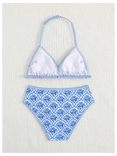 Image of BEAUDRM Girl's 2 Piece Floral Print Swimsuits Halter Triangle Bikini Boho High Waisted Bathing Suit