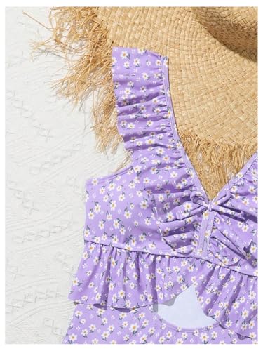 OYOANGLE Girl's Cute Ditsy Floral Print Cut Out Ruffle One Piece Swimsuit with Beach Skirt Cover Up Swimwear3