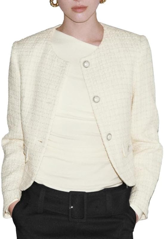 URBAN REVIVO Women's Cropped Tweed Jacket with Pearl Buttons, Elegant Blazer for Office