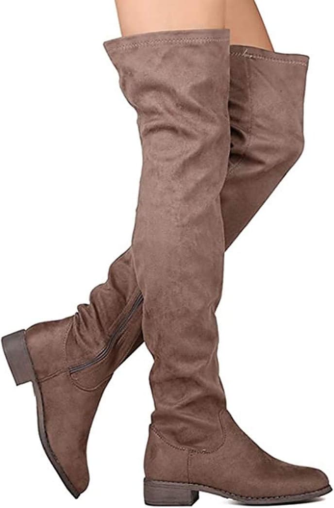 Nature Breeze Olympia 20 Womens Stretchy Thigh High Side Zipper Low Heel Combat Boots