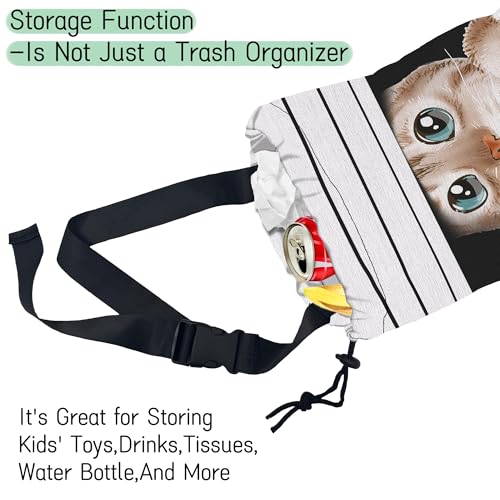 Image of Cute Cat Car Garbage Bag,Waterproof Small Car Trash Bag Hanging Back of Seat,Drawstring Hanging Car Trash Bag with Adjustable Buckle for Car Accessories