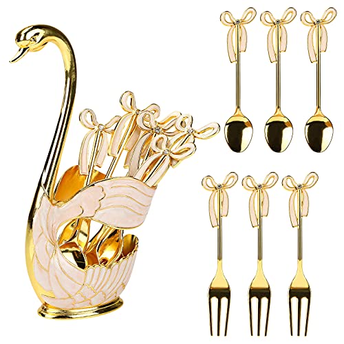 LINGSFIRE Coffee Dessert Spoons Set, Swan Base Holder Coffee Spoons Set with 3 Forks and 3 Spoons Creative Metal Coffee Dessert Spoon Set for Coffee Dessert Ice Cream Use Great Gift (Gold)