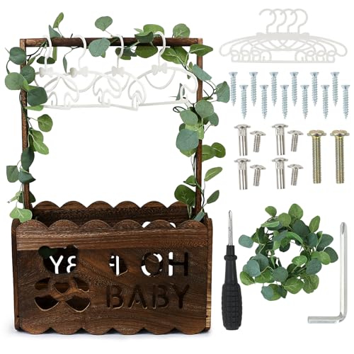 TKNOUS Wooden Baby Shower Crate Closet with Hangers, Baby Shower Gifts Basket with Handle Garland Storage Crate Hamper for Pregnant New Parents (Brown Color)