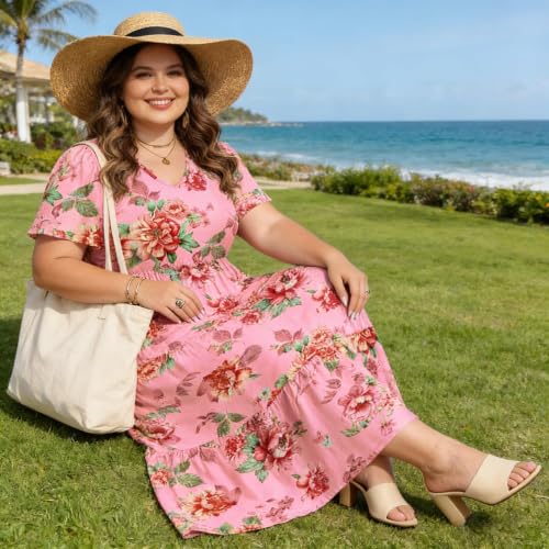 Image of Women's Plus Size Summer Dresses Floral Casual Tiered Midi Dresses V-Neck Short Sleeve Long Maxi Dress with Pockets