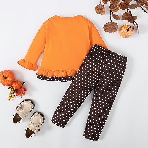 Noubeau Toddler Baby Girl Thanksgiving Outfits Cute Turkey Ruffled Shirt Flared Sleeves Top Polka Dot Pants thumb #1