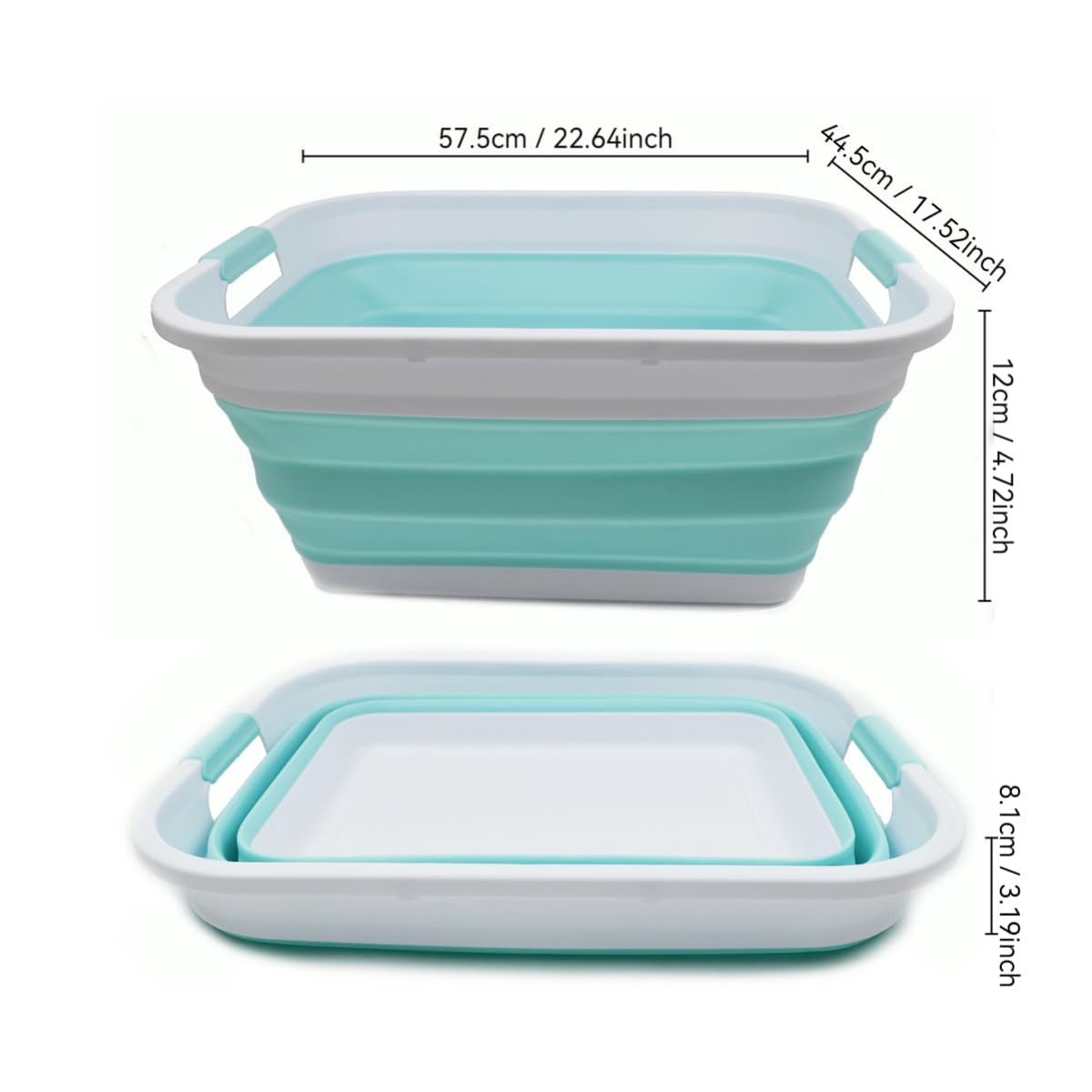 SAMMART Cesta plegable de plástico para la colada – Contenedor de almacenamiento plegable – Bañera portátil – Cesta de ahorro de espacio (blanco / verde lago, 2)