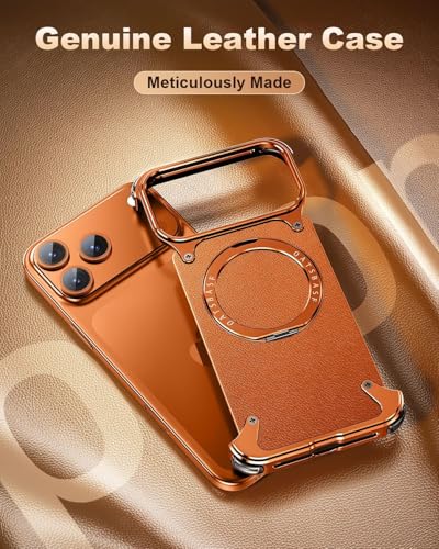 Image of Aluminum Frame Metal Bumper Compatible with iPhone 17 Pro Max | Simple Shield Air Cushion Shockproof | Edge Protection, Minimalist Slim - Black (Frame-Leather -Orange, iPhone 17 Pro Max)