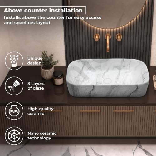 Image of Plantex Tabletop Wash Basin /Bathroom Sink /Wash Basin Over Counter /Designer Ceramic Wash Basin for Bathroom (21.5x14x4.5 Inch - Marble Finish)