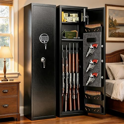 [No Assembly Required] Gun Safe for Rifles and Pistols, with Built in Storage Box, Shotgun Safe, Gun...