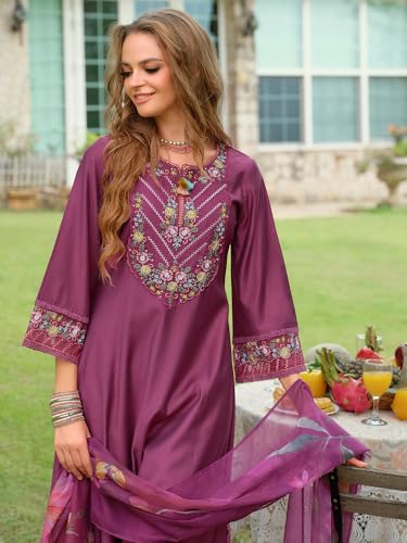 Image of INDO ERA Women's A-Line Cotton Blend Floral Embroidered Kurta & Pant With Dupatta Set (IEOUT11375)