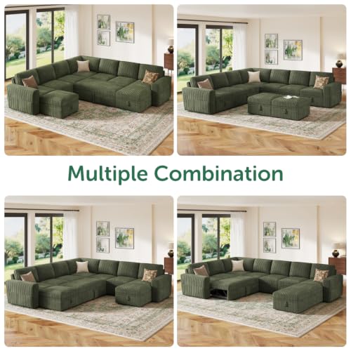 Image of HONBAY Modular Sectional Sleeper Sofa with Pull Out Bed Oversized Corduroy L Shaped Sofa Bed with Storage Couches for Living Room,Green