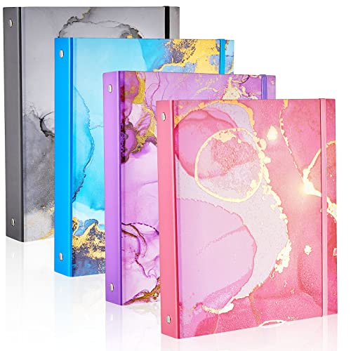 4 Pack Mini Binders 5.5 x 8.5 Three Ring, 1 Inch Marble Binder, Flower Ocean Decorative Hardcover with Elastic Cord, Binder for School, Office Use, Recipe Binder, Photo Album Pages (Marble)
