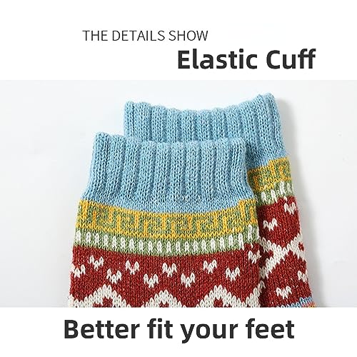 Image of 5-Pairs Vintage Knitting Stripe Reindeer Wave Pattern Women's Fluffy Cute Crew Socks Warm Soft Cotton Calf Socks