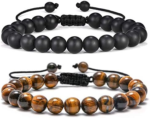 Mens Bracelet Gifts for Grandfather, 8mm Tiger Eye Black Matte Agate Bracelets Mens Anxiety Bracelets Adjustable Bracelet Dad Gits Father's Gifts Grandpa Gifts for Men