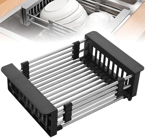 Extend Kitchen Sink Drain Basket,Stainless Steel Retractable Sink Rack,Over Sink Dish Rack,Portable Telescopic Kitchen Sinks Accessories,Extender Basket for Vegetables Fruits and Dishes(Black,Large)