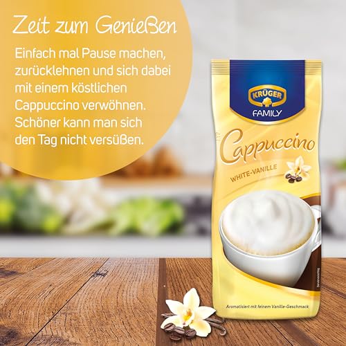KRÜGER Family Cappuccino White Vanille, aromatisiertes Getränkepulver mit löslichem Bohnenkaffee, koffeinhaltig, 500 g Beutel – Ansicht 5