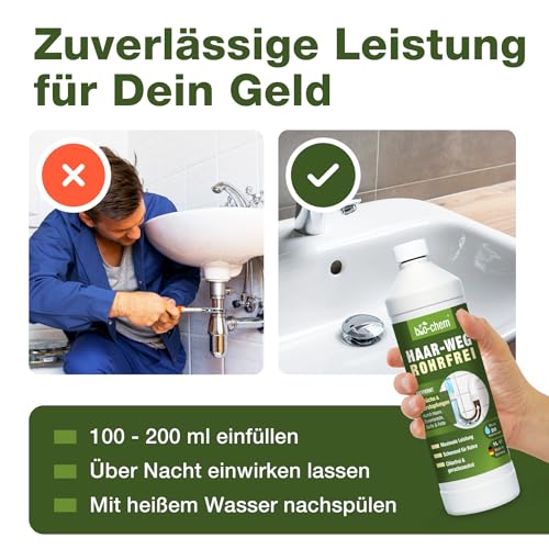 Foto von bio-chem Haar-Weg Abflussfrei – Abflussreiniger EXTRA STARK – 1000 ML - Bis zu 20 Anwendungen je Flasche Rohrreiniger – Extrem effektiver Abflussöffner & materialschonend - Made in DE